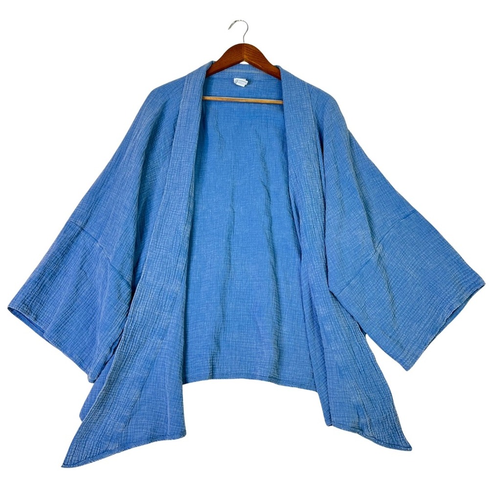 100% Cotton Organic Blue Textured Double Gauze Kimono Open Front Cardigan XXL